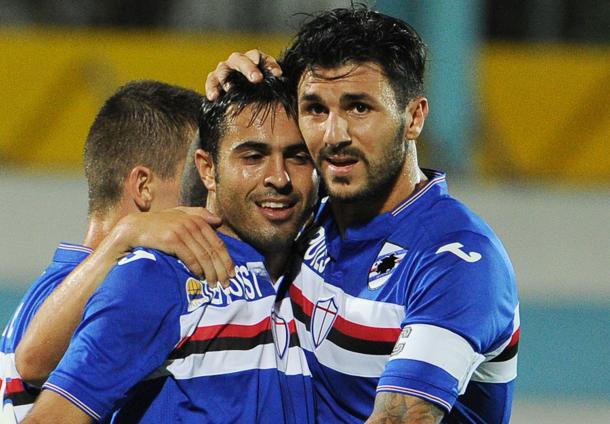 12-08-15 AMICHEVOLE/ENTELLA-SAMPDORIA ROBERTO SORIANO ED EDER CITADIN MARTINS ESULTANO DOPO GOL 0-1