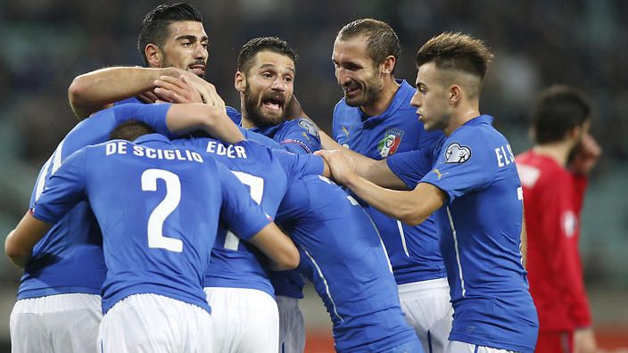Italy's players  celebrate after scoring third goal during the Euro 2016 group H qualifying soccer match between the Azerbaijan and Italy at the Olympic stadium in Baku, Azerbaijan, Saturday, Oct. 10, 2015. (AP Photo/Mindaugas Kulbis)