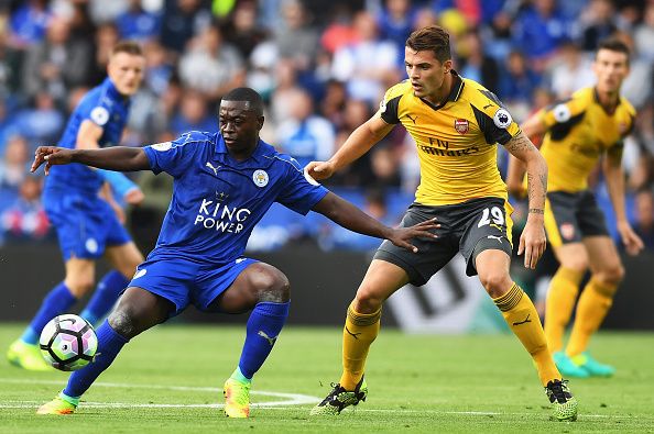 during the Premier League match between Leicester City and Arsenal at The King Power Stadium on August 20, 2016 in Leicester, England.