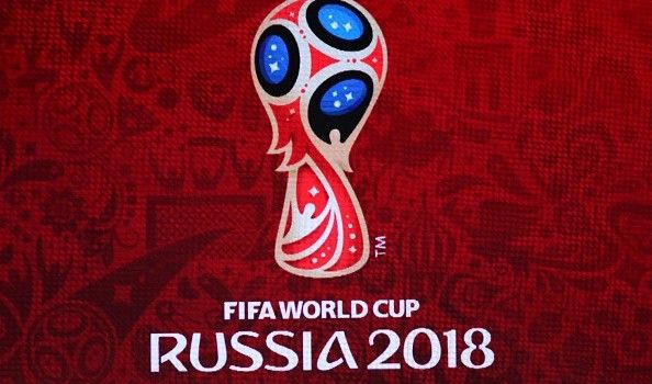 SAINT PETERSBURG, RUSSIA - JULY 25: Logo of FIFA World Cup Russia 2018 in the Draw Hall during the preliminary draw for the 2018 World Cup qualifiers at the Konstantin Palace in Saint Petersburg on July 25, 2015. (Photo by Sergey Mihailicenko/Anadolu Agency/Getty Images)