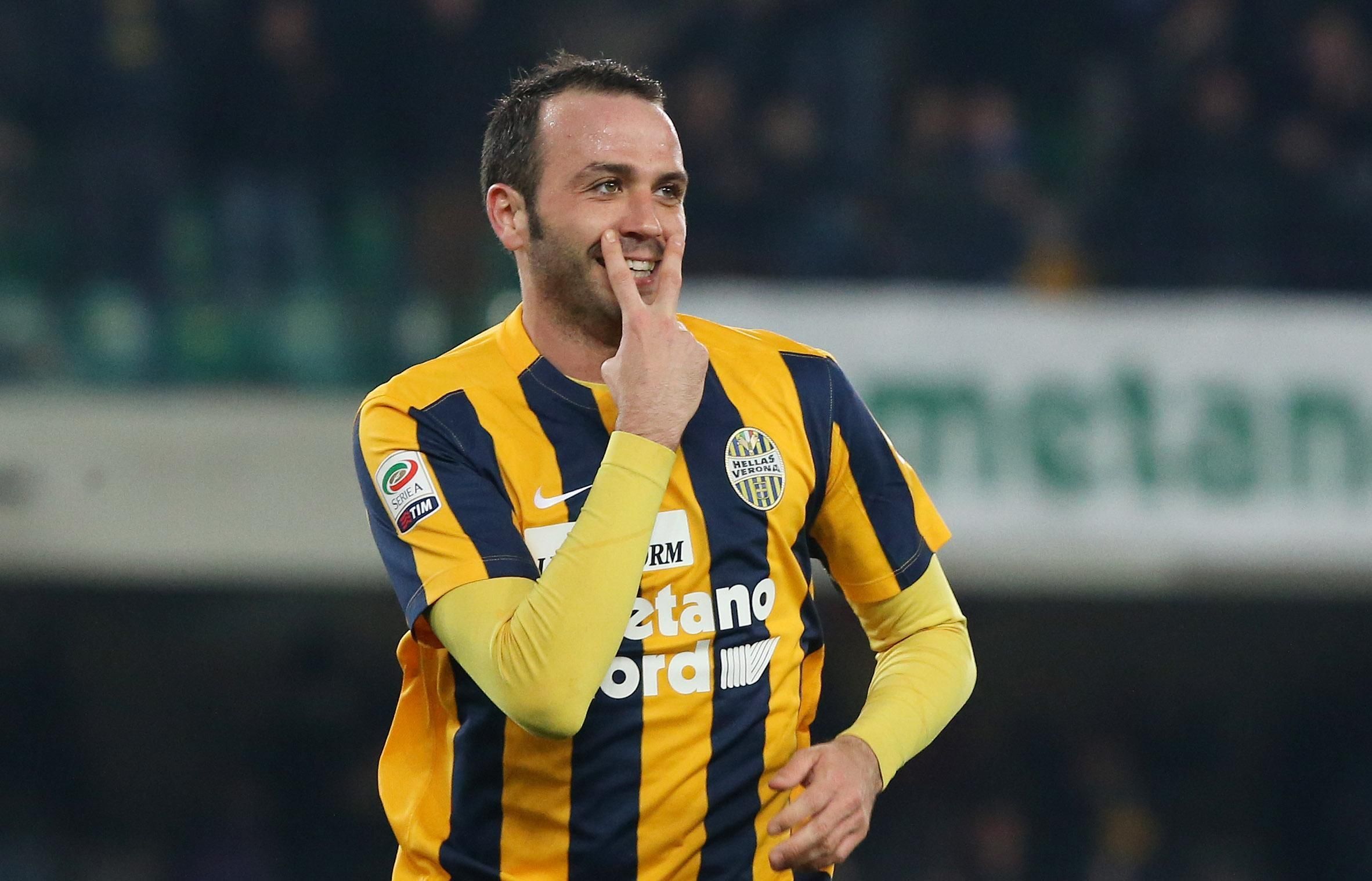 Verona's forward Giampaolo Pazzini celebrates after scoring the second goal of the Italian serie A soccer match between Hellas Verona FC and AC Chievo Verona at Bentegodi Stadium in Verona, 20 February 2016.  ANSA/ FILIPPO VENEZIA