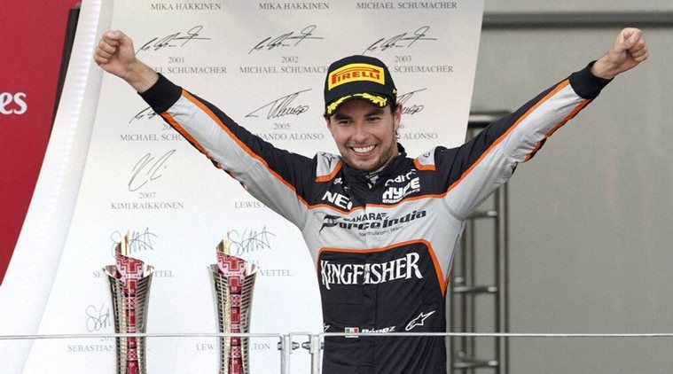La soddisfazione di Sergio Perez sul podio di Baku (foto da: indianexpress.com)