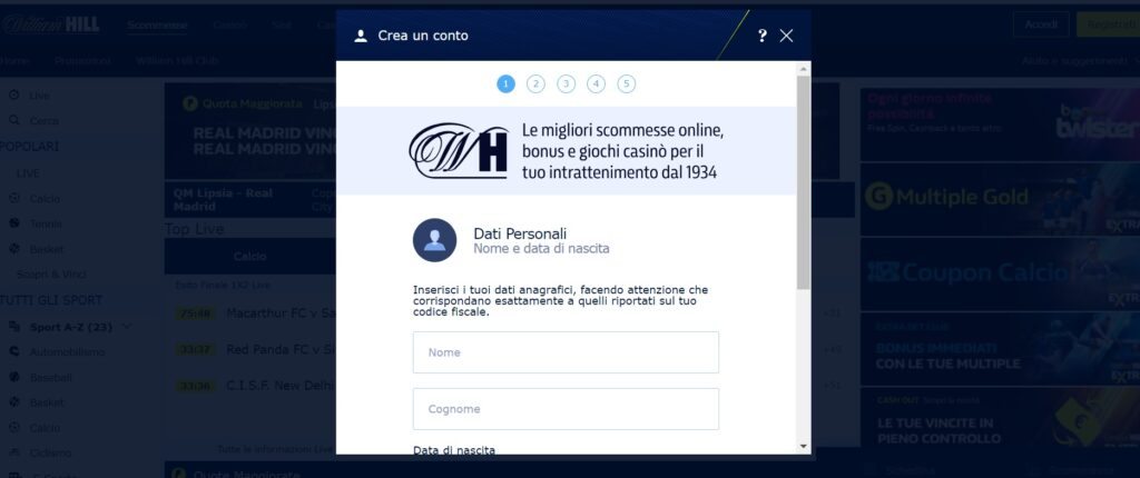 william hill registrazione