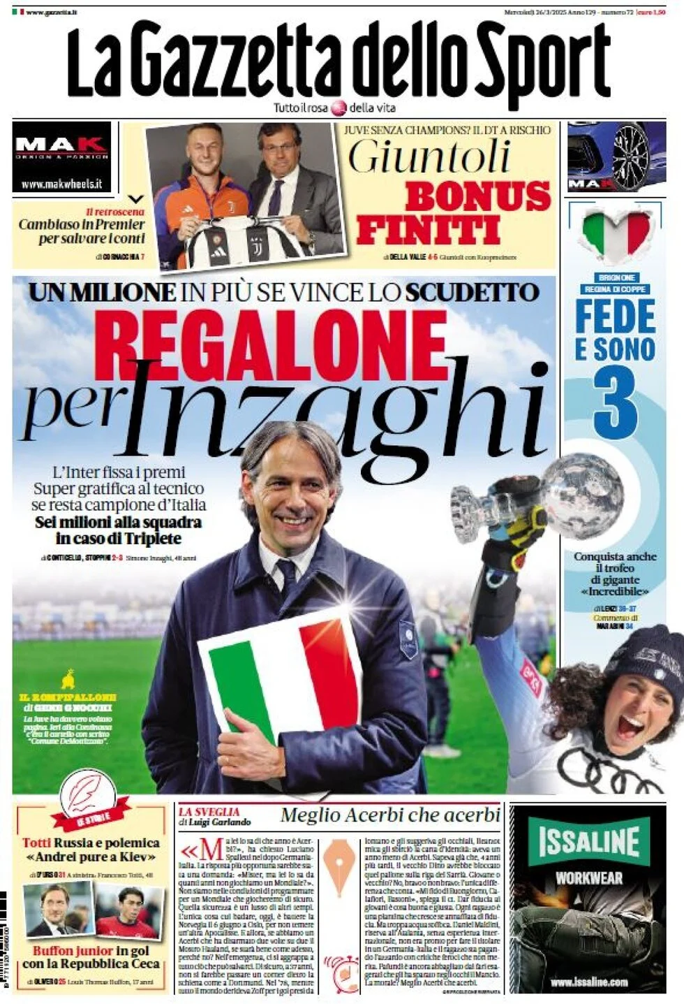 Rassegna Stampa Sportiva di oggi 26 Marzo 2025 – Bonus finiti per Giuntoli, maxi premio per Inzaghi