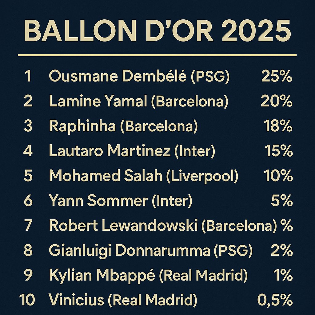 Pallone d’Oro 2025: Dembélé davanti a Yamal, Raphinha e Lautaro.