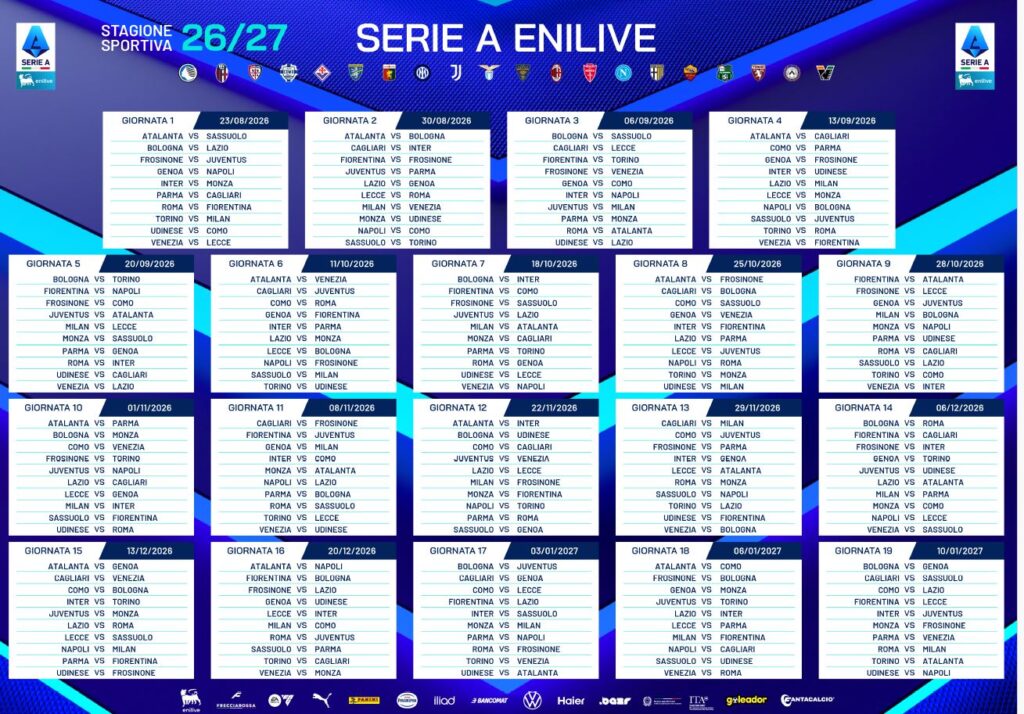 Calendario Serie A 2026-2027 tutte le Giornate