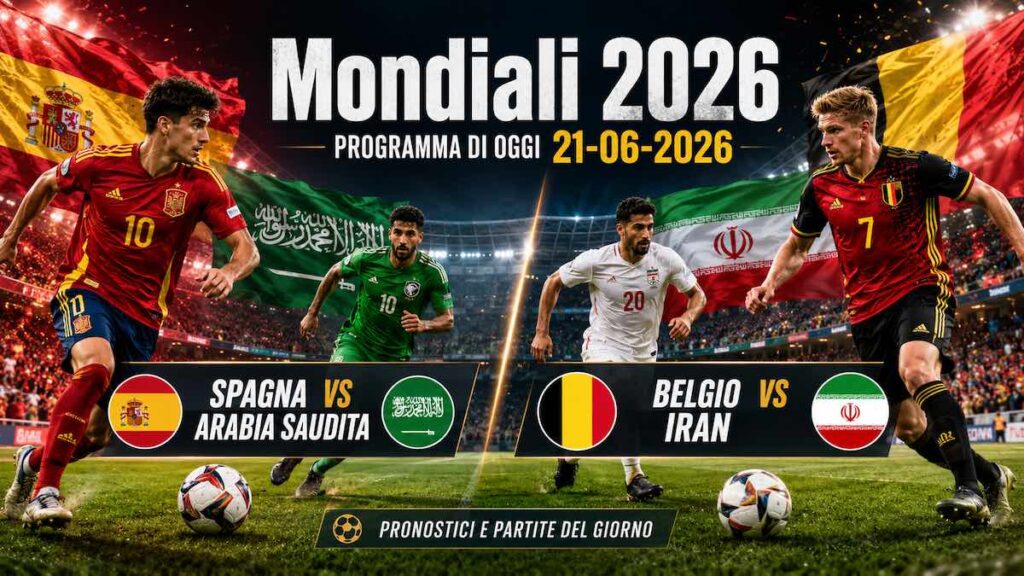 Mondiali 2026, programma di oggi 21-06-2026 e pronostici: riscatto Spagna con l’Arabia, Belgio a caccia di gol contro l’Iran