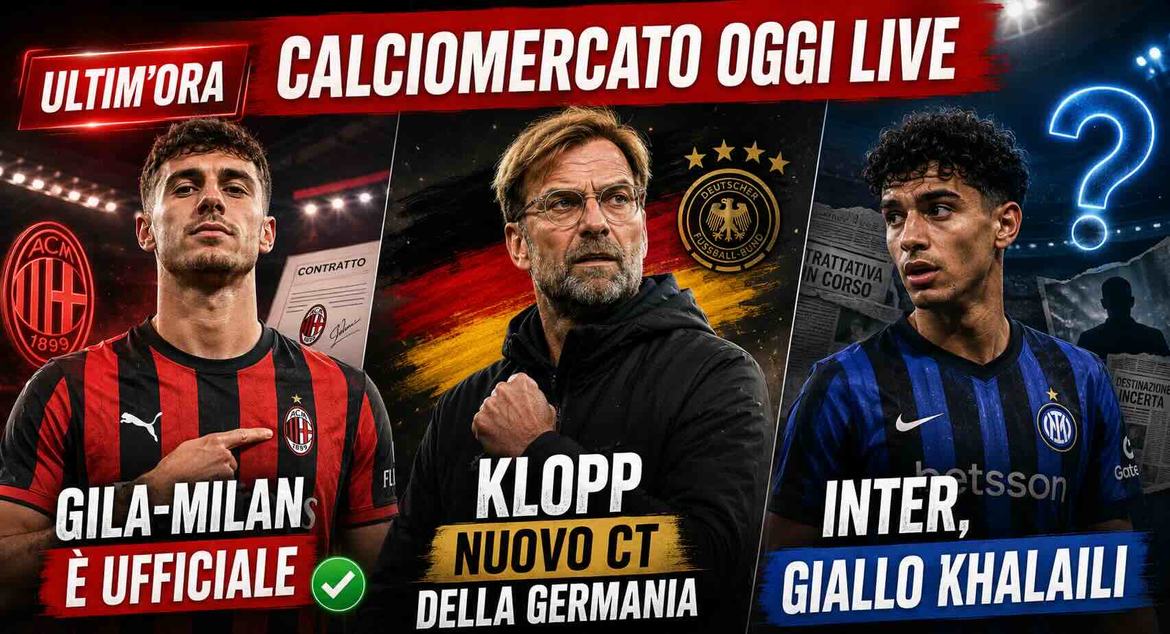 Calciomercato oggi live, ULTIM’ORA: Gila-Milan è ufficiale, Klopp nuovo CT della Germania. Inter, giallo Khalaili