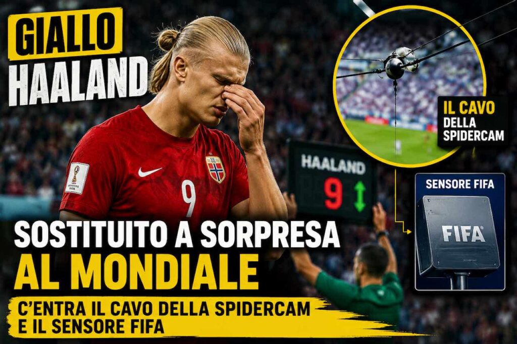 Giallo Haaland, sostituito a sorpresa al Mondiale: c’entra il cavo della Spidercam e il sensore FIFA