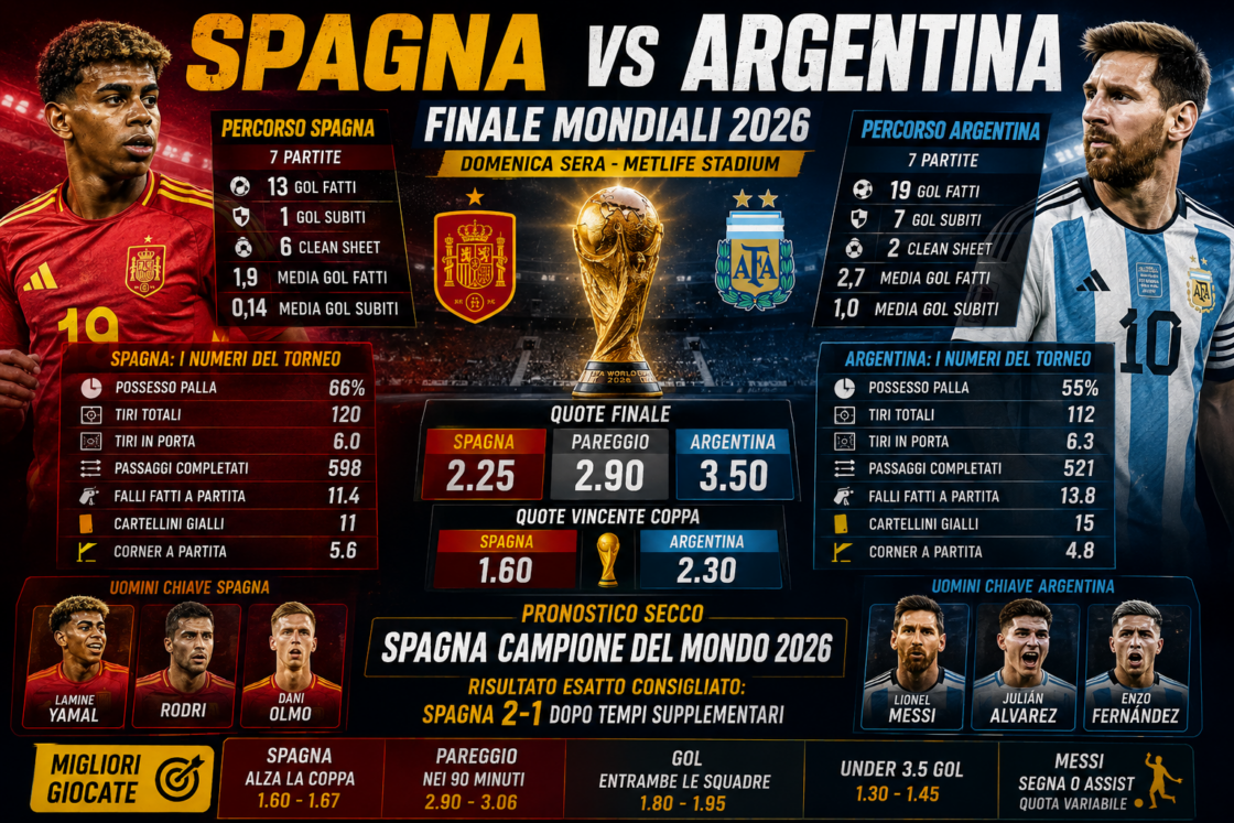 Pronostico Spagna-Argentina Finale Mondiali 2026: vincente Coppa del Mondo secondo l’IA